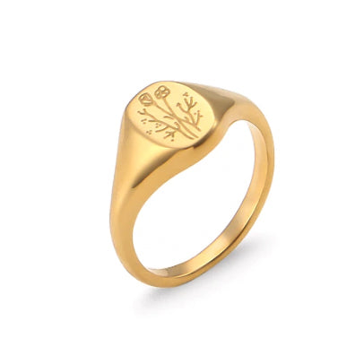 Women's Gold Flower Signet Ring - 18k Gold Plated Stainless Steel