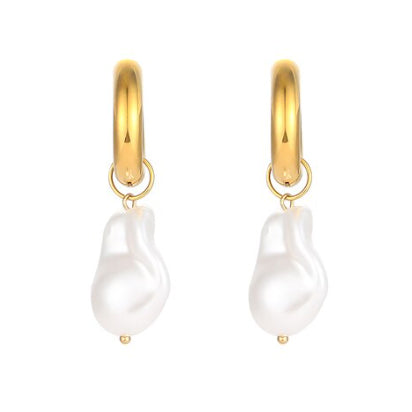 Chunky Rich Peal Hoops: Gold Plated Stainless Steel (Synthetic Pearl)