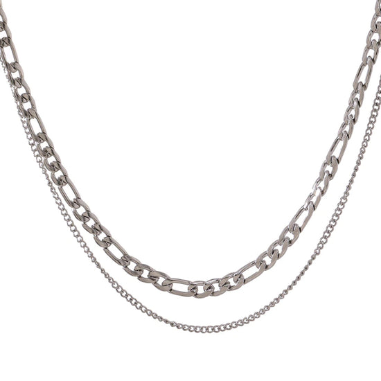 Silver Layered Figaro & Curb Chain - Silver Necklace