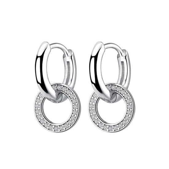 Sterling Silver Circle Drop Earrings - Small Huggie Hoops (Round Crystal Charms)