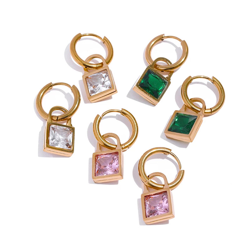"Sparkle Square" - GOLD Drop Huggie Hoop Earrings (pink, green, white)
