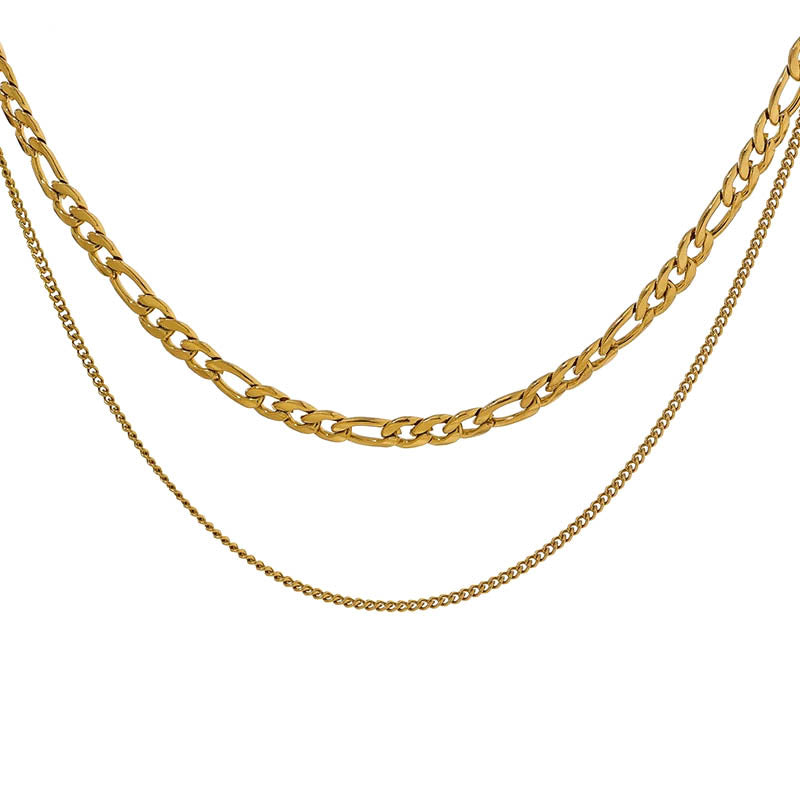 WOMEN'S GOLD DOUBLE LAYERED NECKLACE Figaro Chain & Curb Chain 