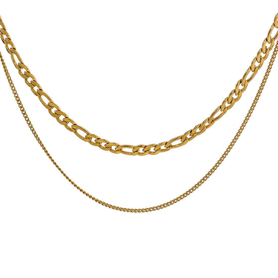 WOMEN'S GOLD DOUBLE LAYERED NECKLACE Figaro Chain & Curb Chain 