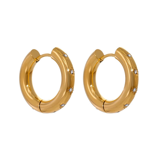 Gold Hoop Earrings Thick - Star Crystals (Gold Plated Stainless Steel)