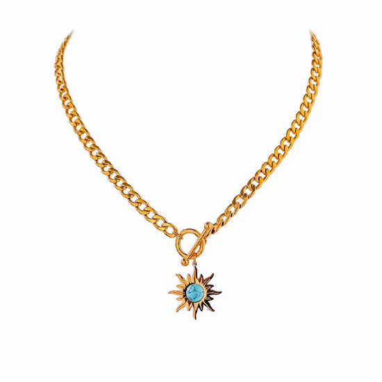 Gold Sun Chain Necklace with Blue Stone Pendant