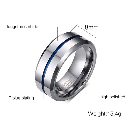 BLUE LINE MENS SILVER RING - Made from Tungsten