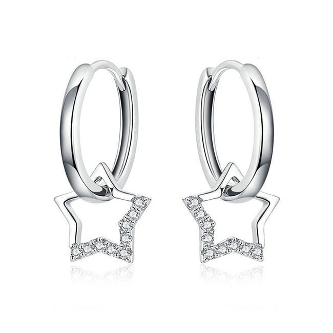 Star Silver Hoops - Platinum Plated Sterling Silver Earrings