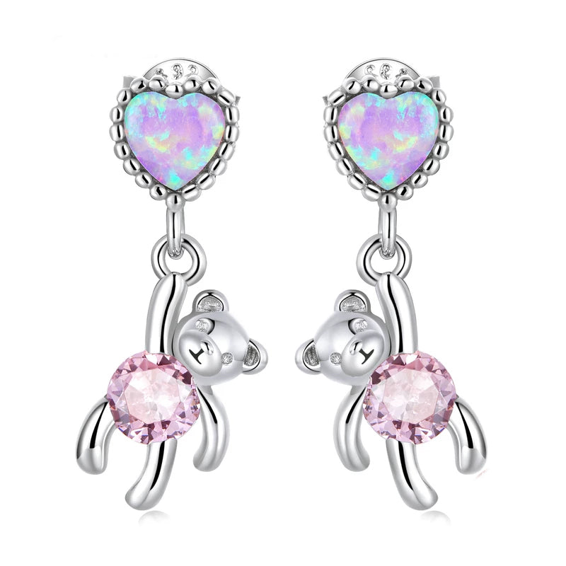 Sparkling Iridescent Pink Hanging Bear Earrings: Girl's Pink Bear Drop Earrings 