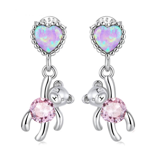 Sparkling Iridescent Pink Hanging Bear Earrings: Girl's Pink Bear Drop Earrings 