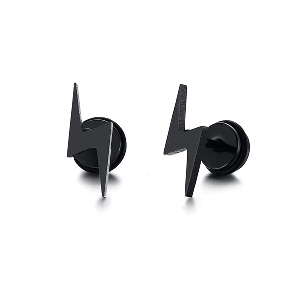 Black Lightning Bolt Studs - Stainless Steel Earrings (7mm Flat Screw Backs)