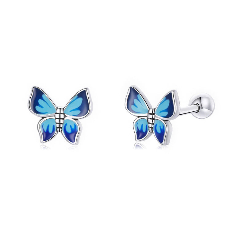 TINY BLUE BUTTERFLY STUDS - Sterling Silver Earrings (screw backs)