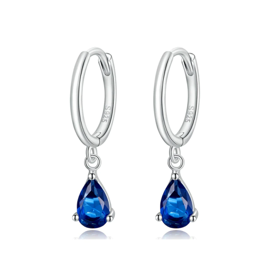 blue pear shaped crystal huggie hoop silver earrings