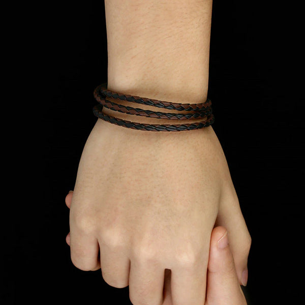 Braided Wrist Band Bracelet - Black & Brown Faux Leather