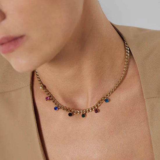 colourful multi coloured crystal gold curb chain necklace
