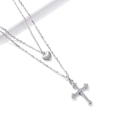 Silver Pave Crystal Cross Necklace with Layered Heart Pendant: 45cm Necklace