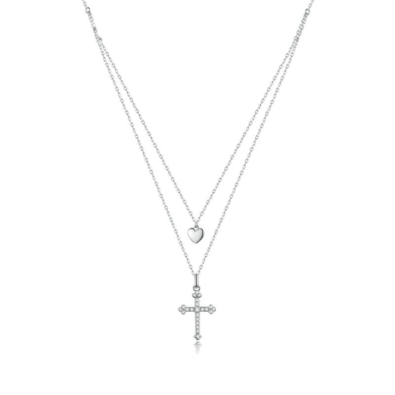 Silver Pave Crystal Cross Necklace with Layered Heart Pendant: 45cm Necklace