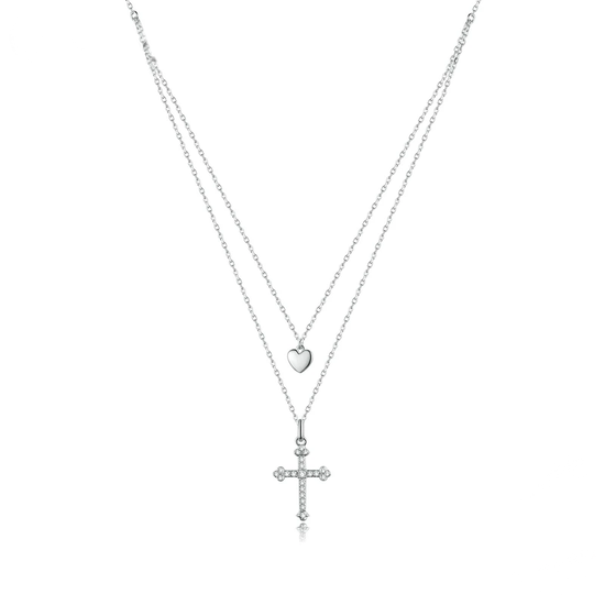 Silver Pave Crystal Cross Necklace with Layered Heart Pendant: 45cm Necklace
