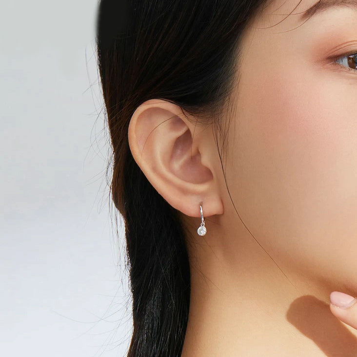 Silver White Crystal Huggie Earrings - Small Drop Earrings