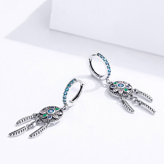 Hanging Dream Catcher Earrings - Blue Pave Crystal Hoops (flower & feather)