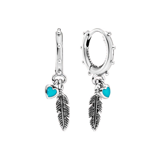Feather Turquoise Heart Huggies - Silver Bohemian Dangle Earrings