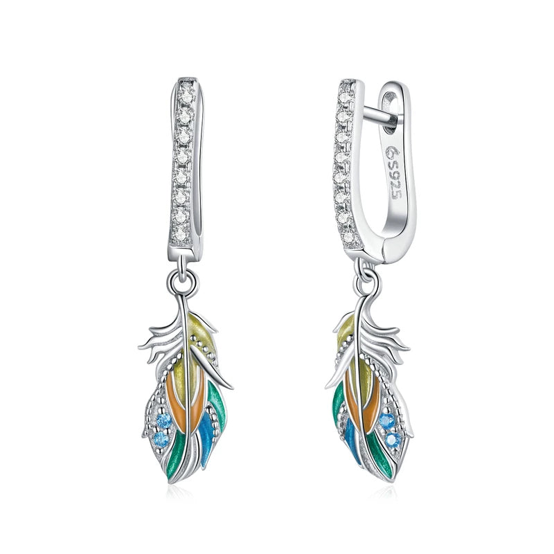 Hanging Indian Feather Drop Earrings. Sterling Silver Jewellery with colourful green blue sparkling feathers. This is a women's jewellery set of earrings.