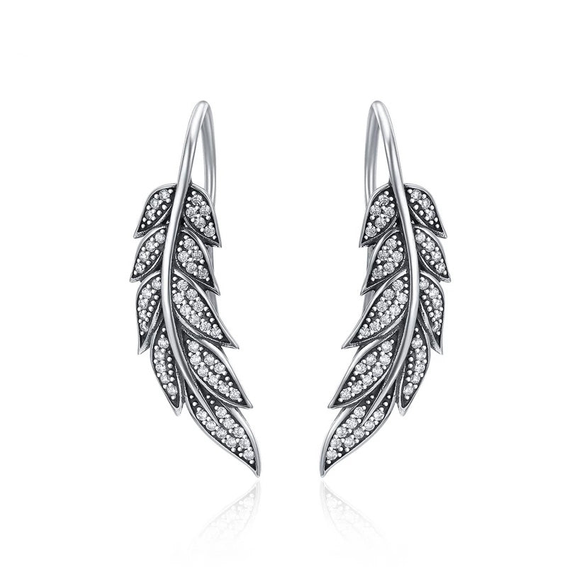 Oxidised Silver Feather Earrings - Unique Statement Hook Earrings