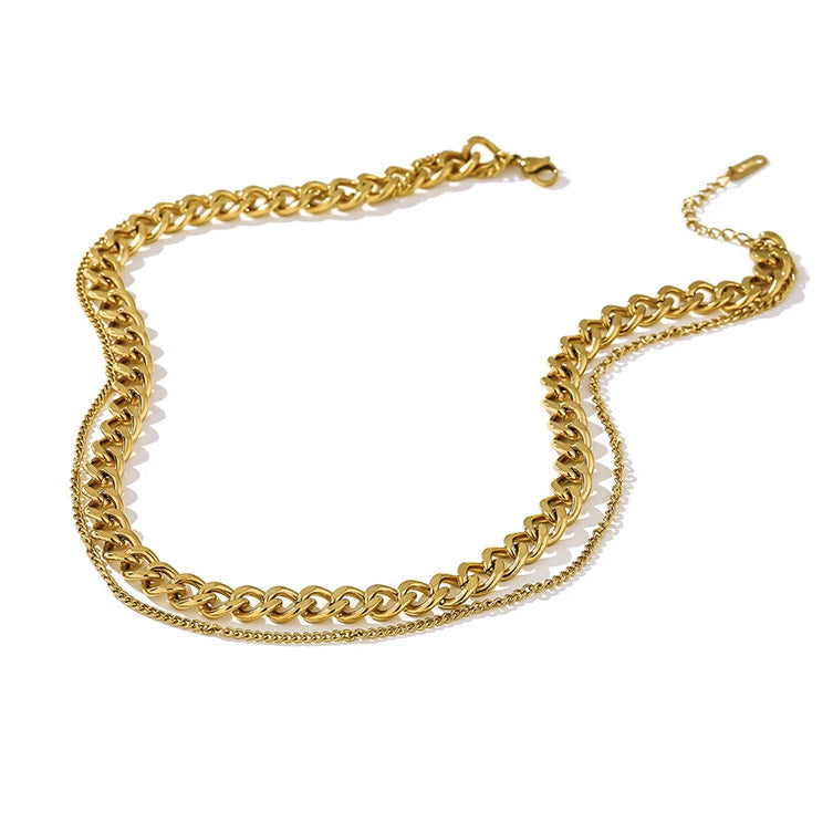 Gold Double Layered Chain Necklace - Stainless Steel (Curb Chains)