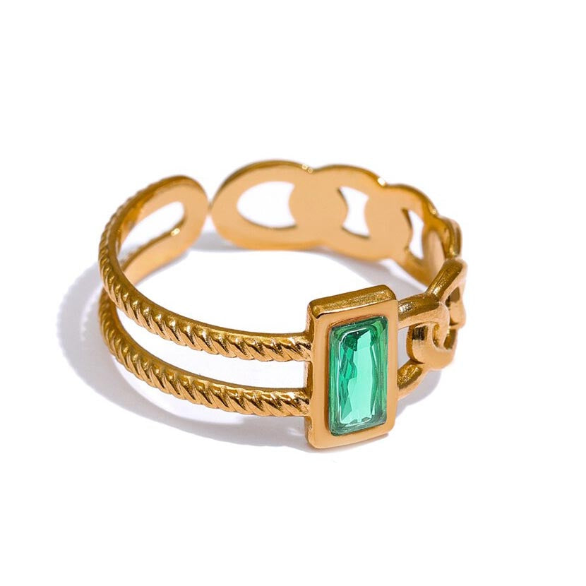 "TEX GREEN GEM" - Textured Double Band Gold Ring (size 5.5 - 7)