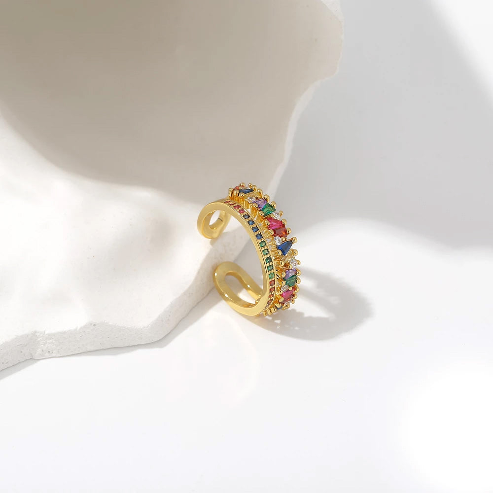 Rainbow Gold Ring - Multi Coloured Crystal Gems (adjustable)