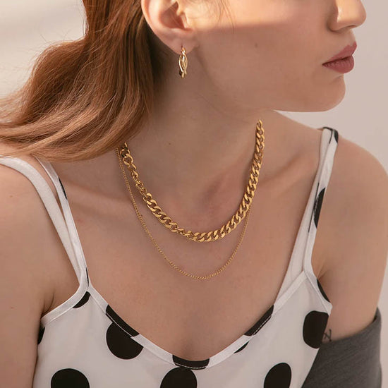 Gold Double Layered Chain Necklace - Stainless Steel (Curb Chains)
