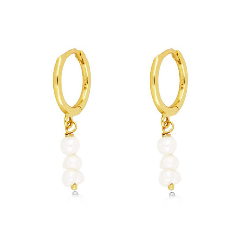 Pearl Dangle Huggies - Gold Hanging Pearl Earrings (Sterling Silver)