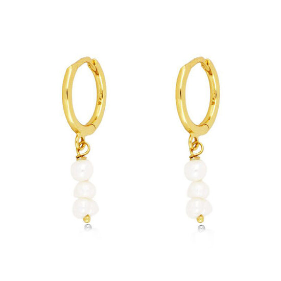 Pearl Dangle Huggies - Gold Hanging Pearl Earrings (Sterling Silver)