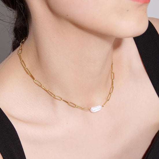 Gold Paperclip Pearl Necklace - Gold Oval Cable Chain (42cm)