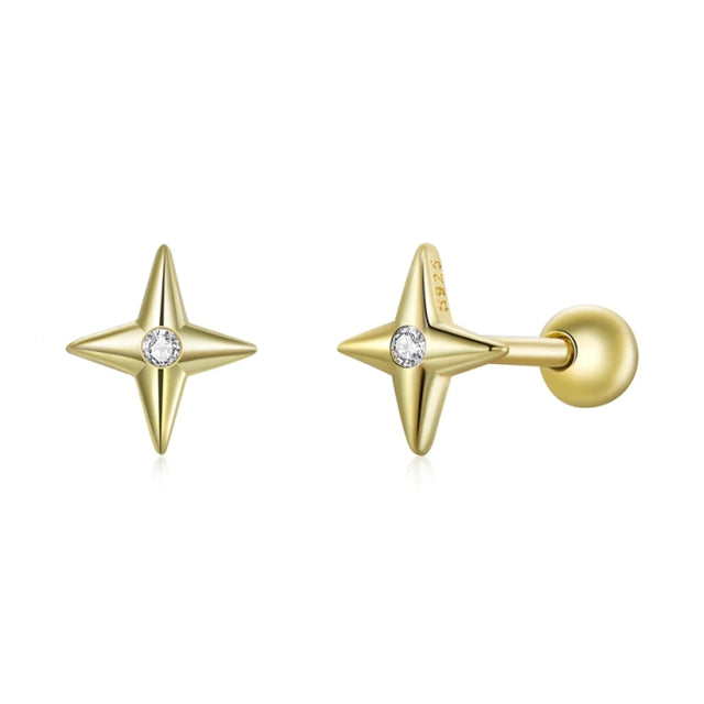 Gold Star Crystal Sparkle Studs - Sterling Silver Earrings (6.5mm screw backs)