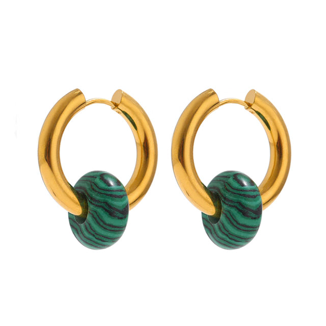 green charm bead gold thick hoops for women