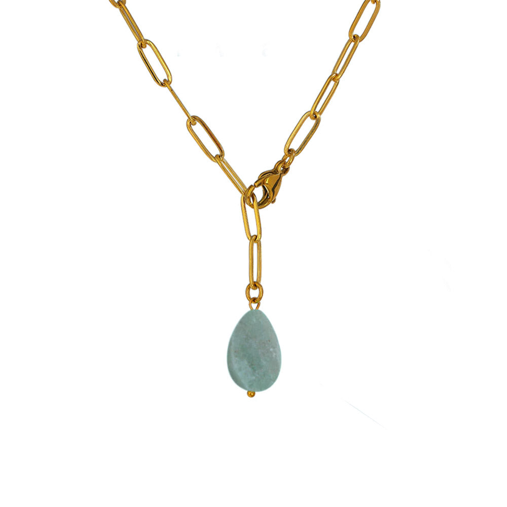 "GREEN STONE" - Adjustable Lariat Paperclip Cable Necklace (Gold)