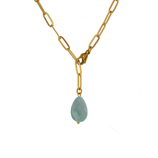 "GREEN STONE" - Adjustable Lariat Paperclip Cable Necklace (Gold)