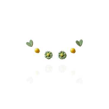 Green Flower Heart Yellow Stud Earrings (3 pack)