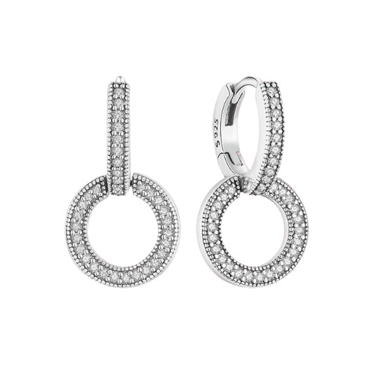 Circle Drop Huggies - Oxidised Sterling Silver Crystal Earrings