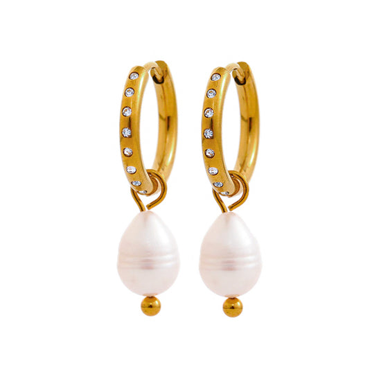Imitation Pearl Charm Hoops - Gold Stainless Steel Earrings
