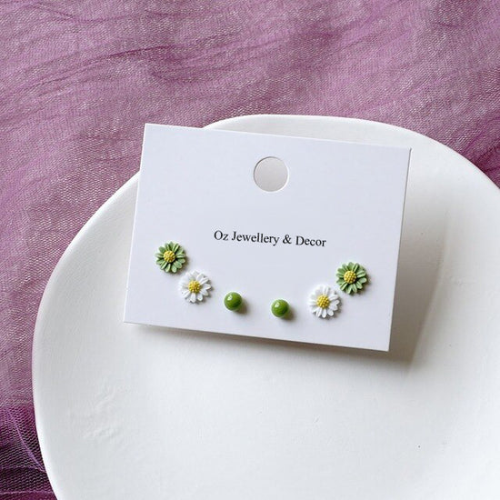 Daisy Flower Stud Earrings (3 pack) - Green, Yellow, White