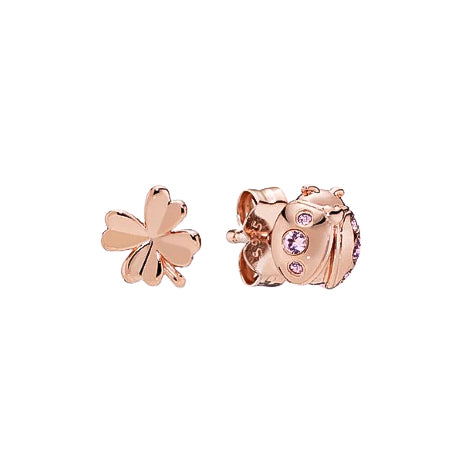 Rose Gold Ladybug Four Leaf Clover Studs - Girls Earrings