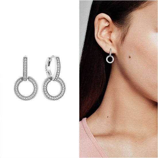 Circle Drop Huggies - Oxidised Sterling Silver Crystal Earrings