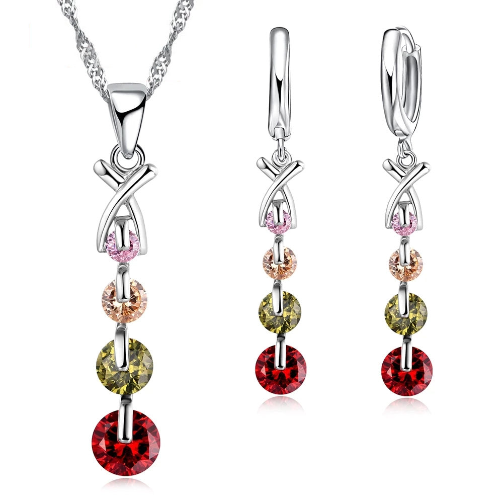 SILVER Multi Coloured Earrings Necklace Set (3 piece set)