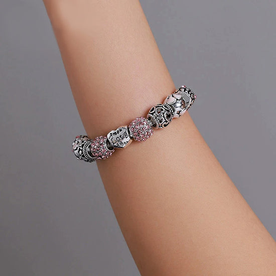 SILVER Pink Love Flower Charm Bracelet (18cm) - Copper
