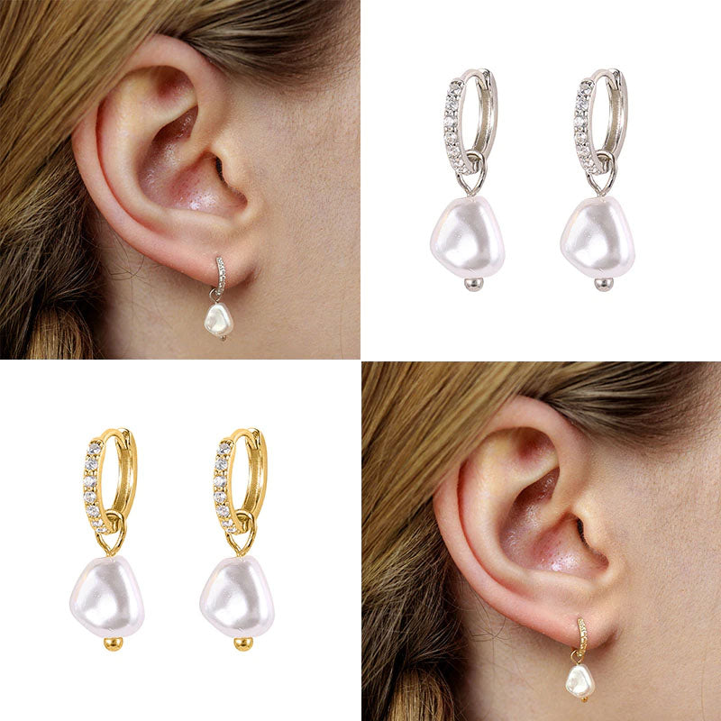 Pearl Charm Earrings - Hanging Huggies (Sterling Silver)