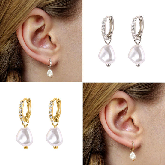 Pearl Drop Earrings - Mini Gold Crystal Hoops (Sterling Silver)