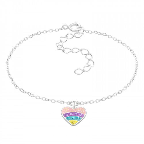 Children's Sterling Silver Bracelet - Pastel Rainbow Love Heart