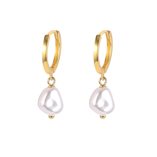 DROP PEARL - Yellow Gold Huggie Earrings (Sterling Silver)