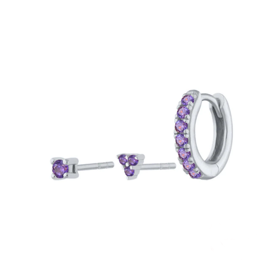 Set of 3 Sterling Silver Stud Huggie Earrings (Purple Crystal)